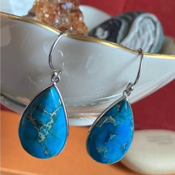 Lucas Lameth Turquoise Teardrop Earrings Set in Sterling Silver - Picture 2 of 4